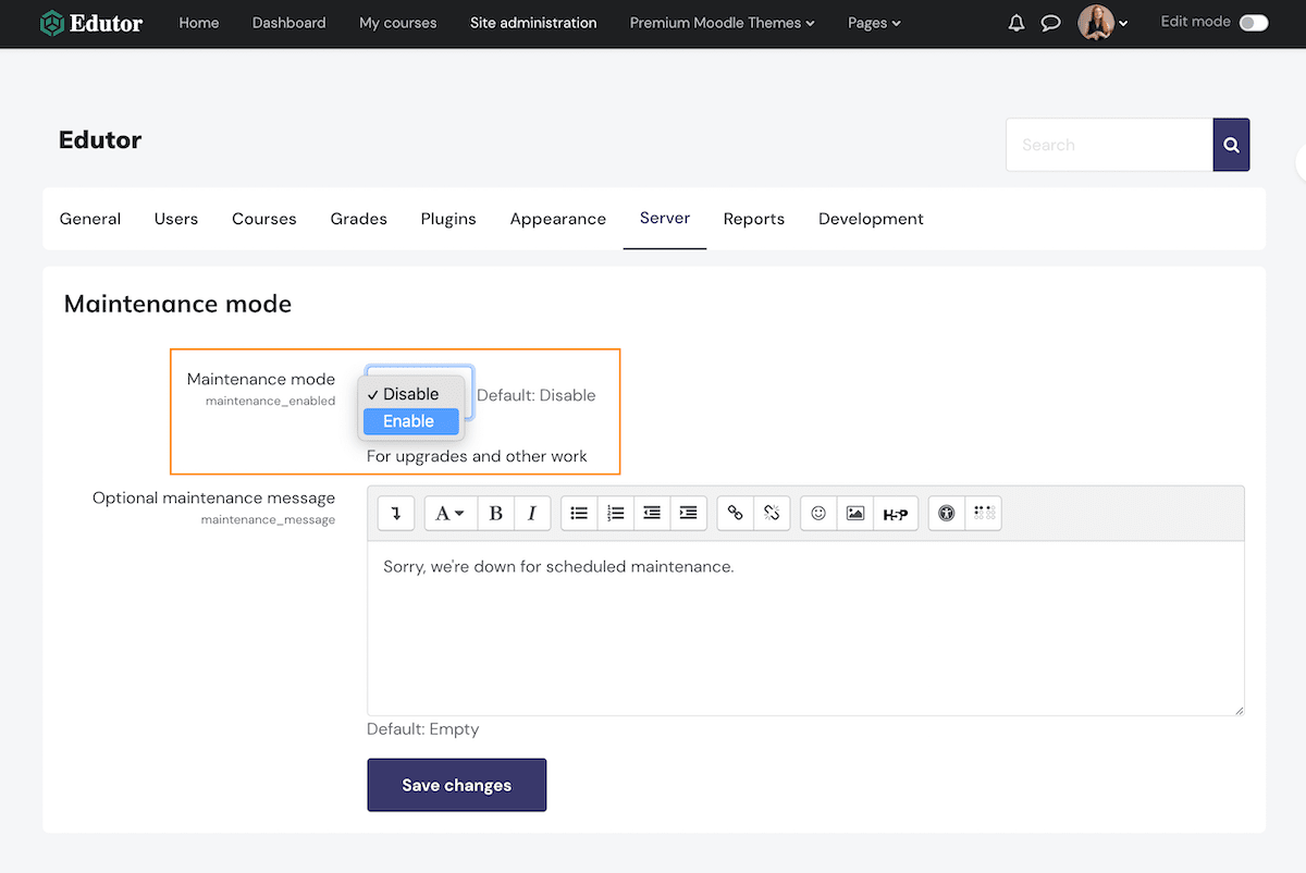 moodle-enable-maintenance-mode-edutor-theme-settings