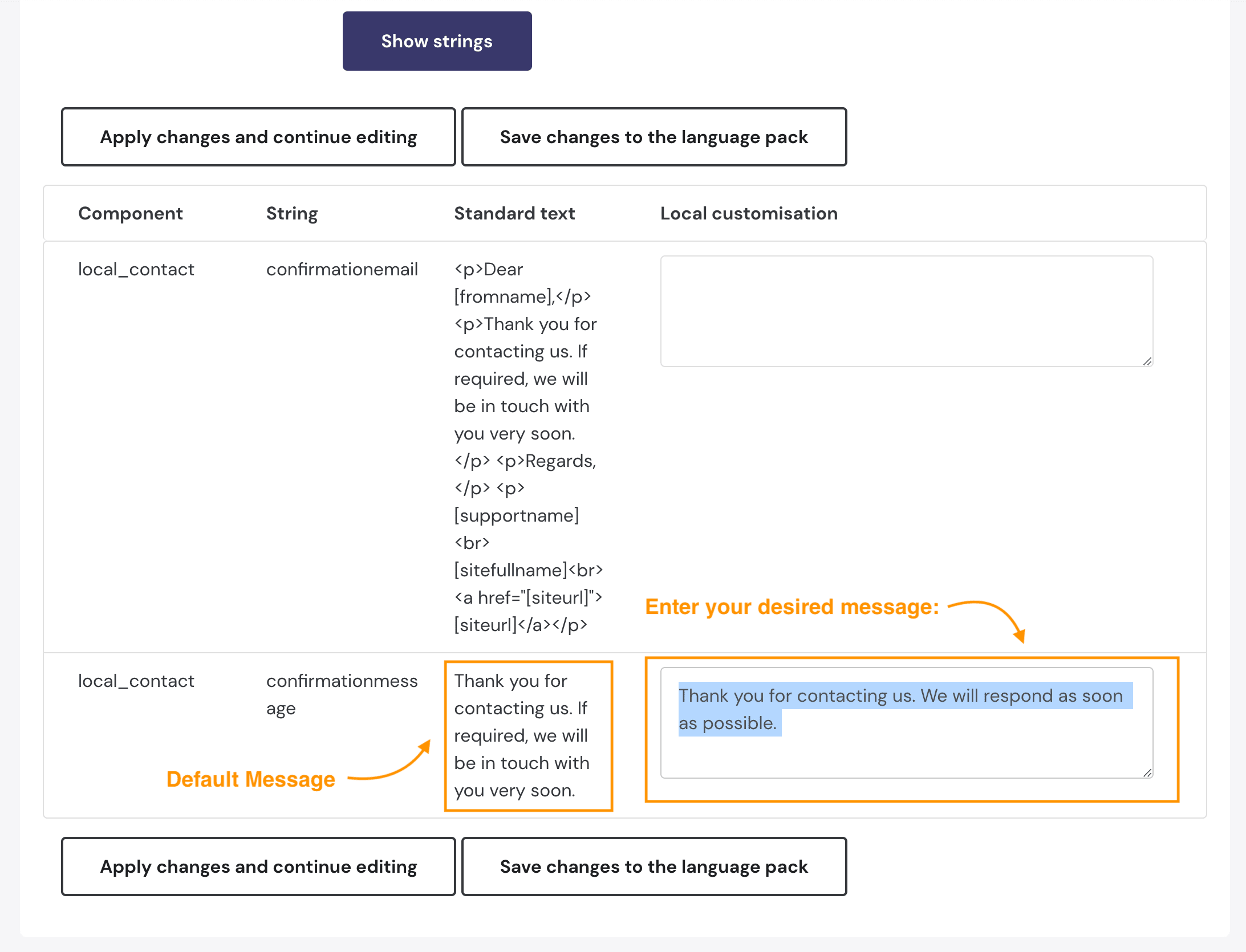 Moodle Contact Form Plugin - How To Change The Default Form Success Message