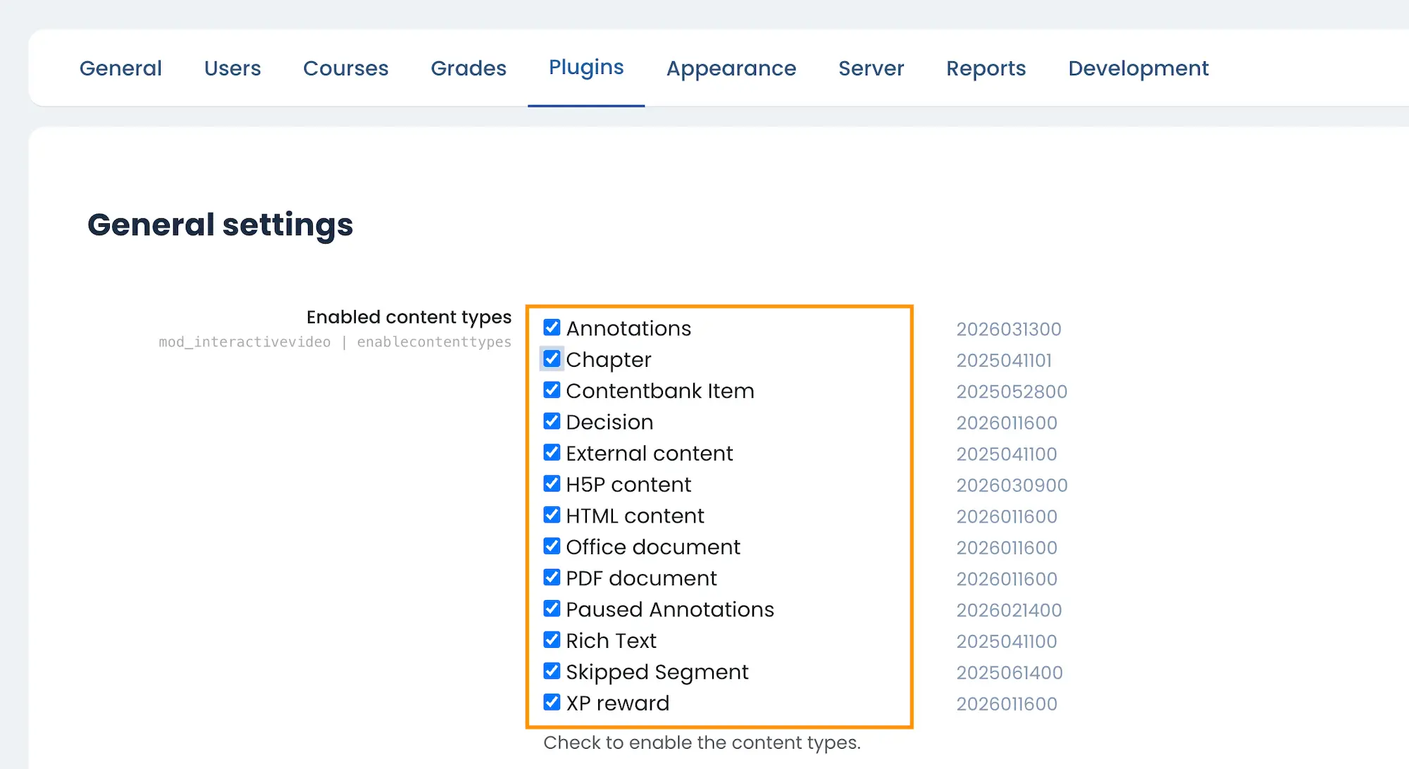 Enable Interactive Video content types in Moodle