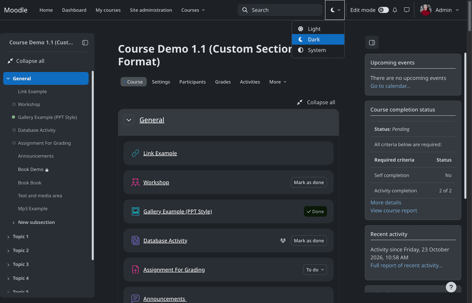 Moodle 5.3 Boost theme in dark mode course page