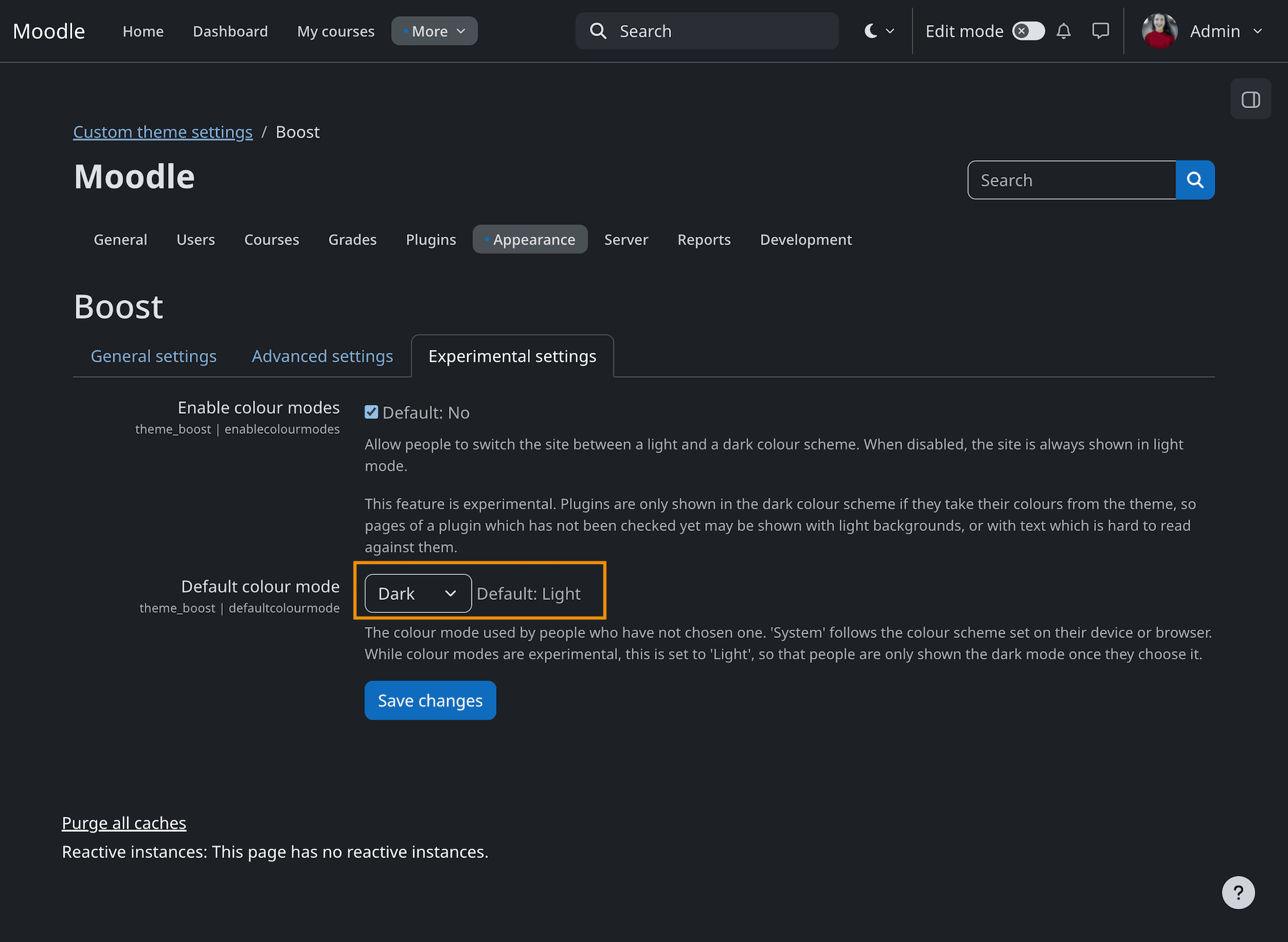 Moodle 5.3 Boost theme in dark mode settings