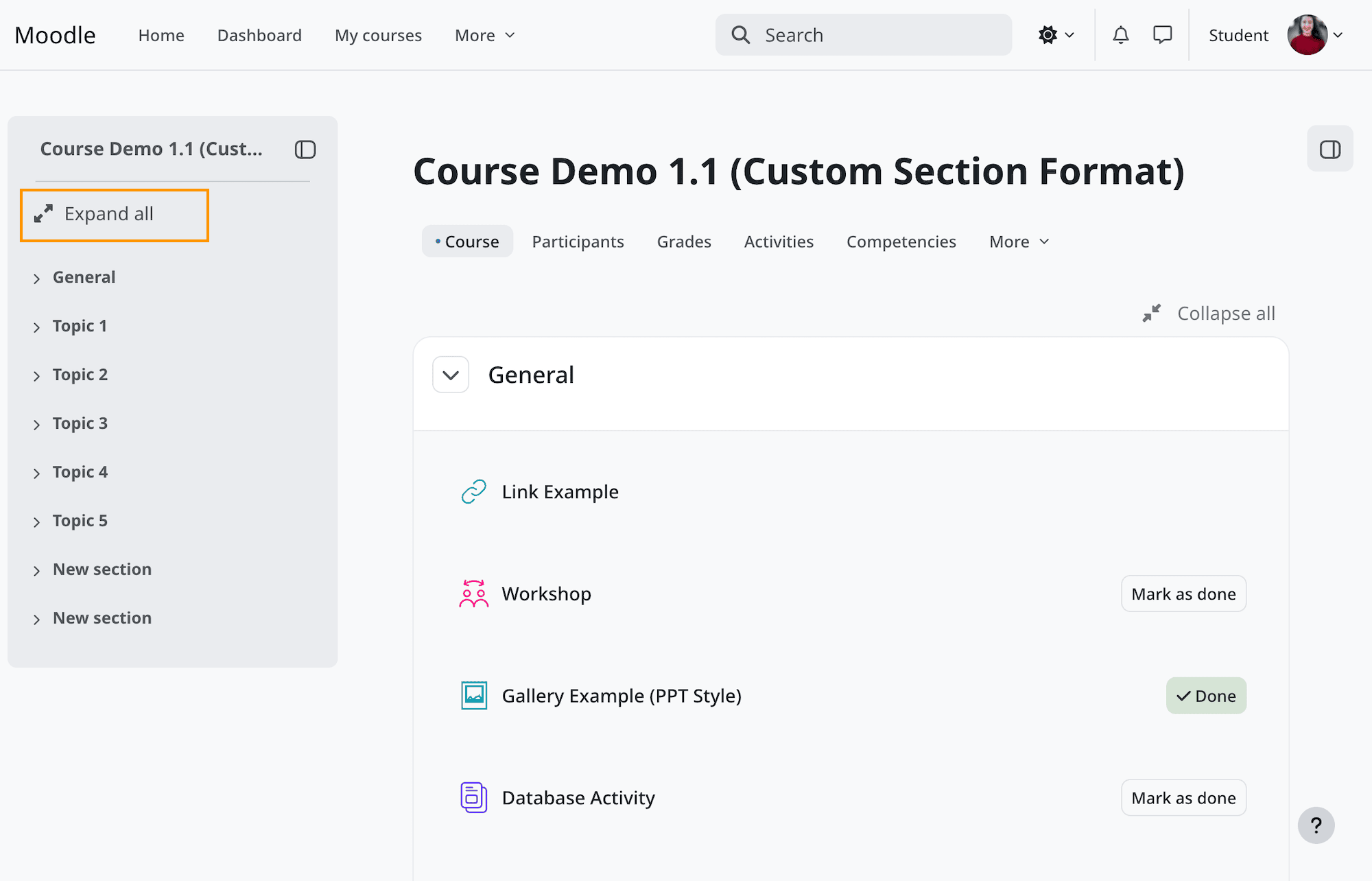 Moodle 5.3 course index drawer showing Expand all and Collapse all controls
