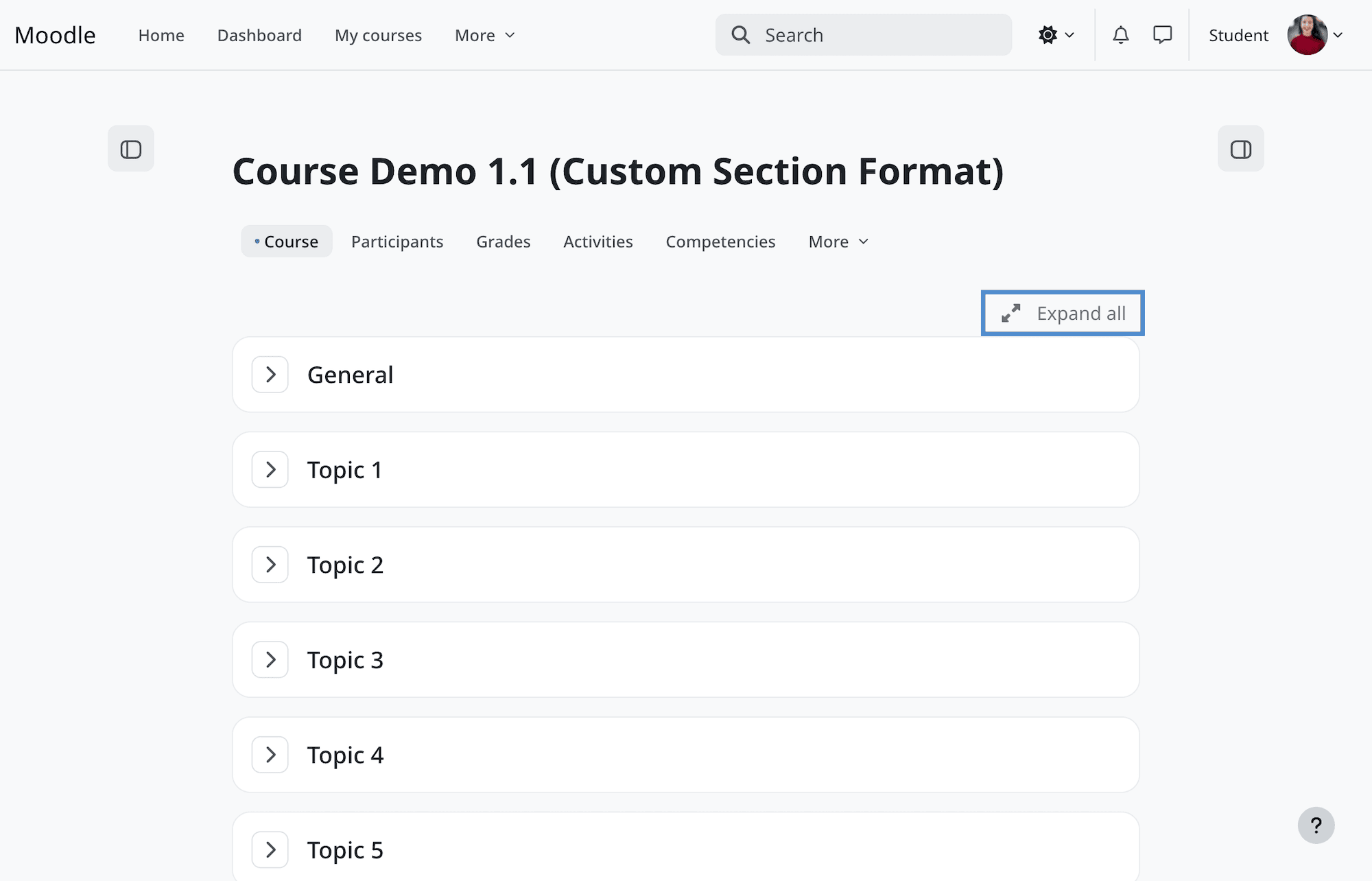 Comparison of Expand all and Collapse all course section controls before and after Moodle 5.3