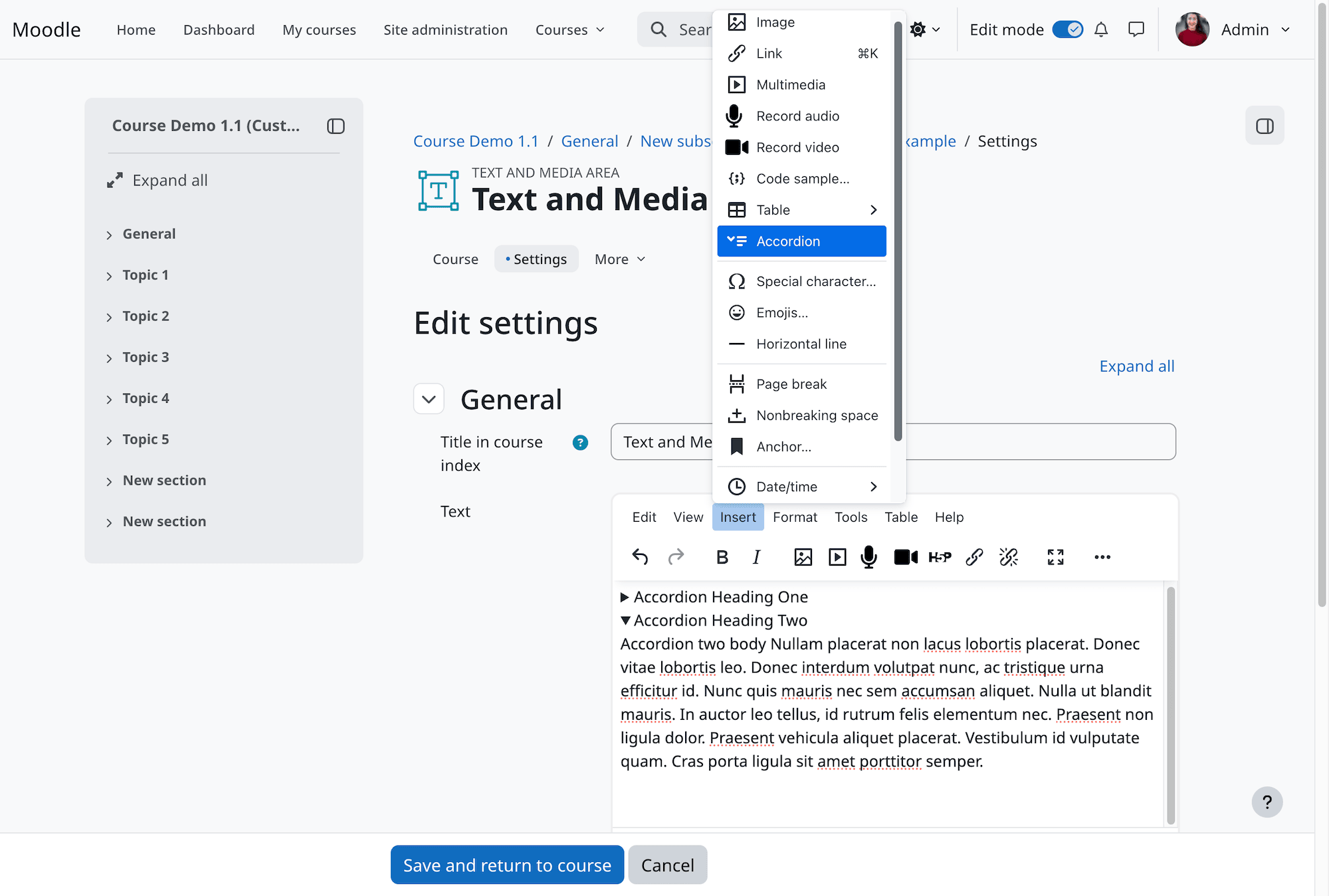 Moodle 5.3 TinyMCE editor showing the option to insert an accordion