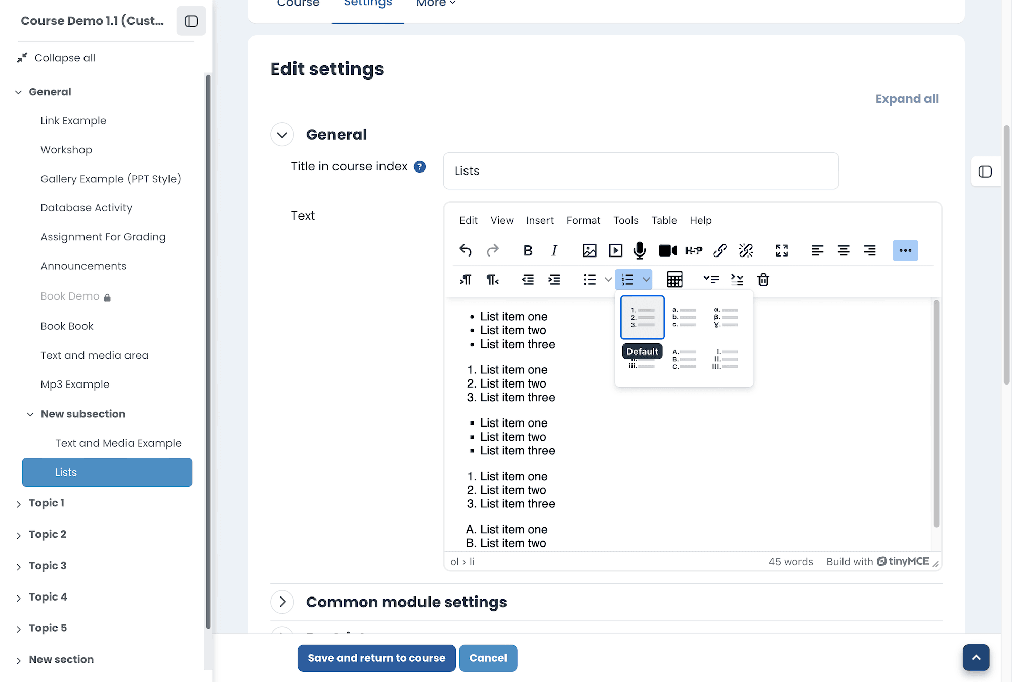 Moodle 5.3 TinyMCE editor showing numbered and bulleted list styling options