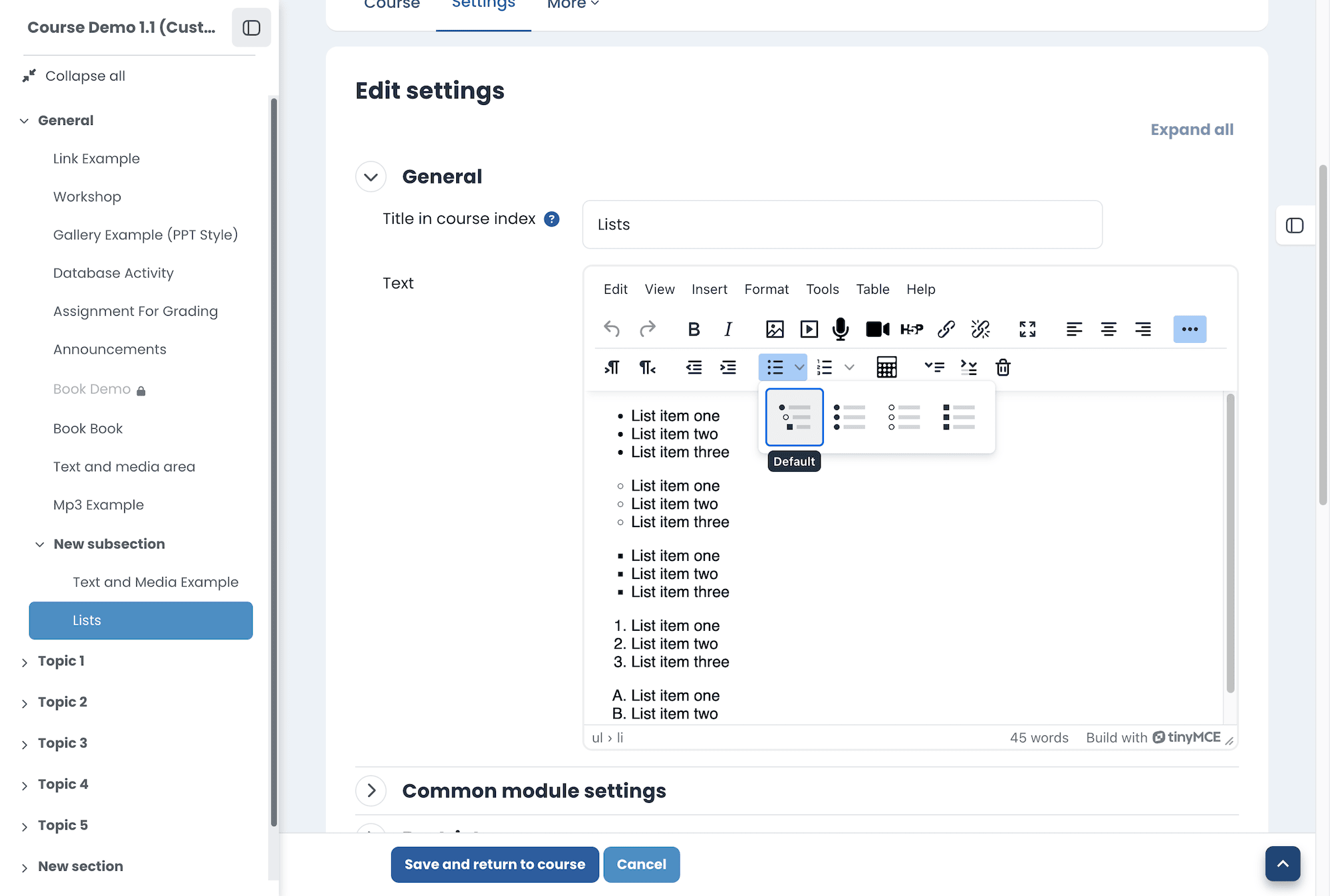 Moodle 5.3 TinyMCE editor showing numbered and bulleted list styling options